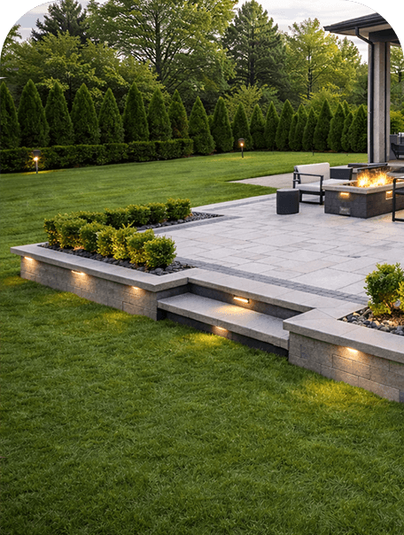 Front of house landscaping with interlock stone steps